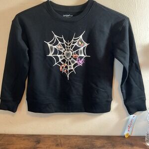 Girls Long Sleeve Black Spider Web Sparkle Heart Halloween Sweatshirt Size S 6/7